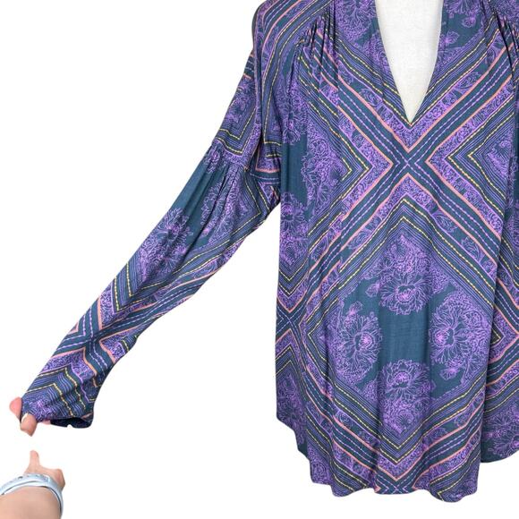 Free People Walking On A Dream Blue Purple Floral Diamond Oversized Tunic Top - Picture 9 of 13
